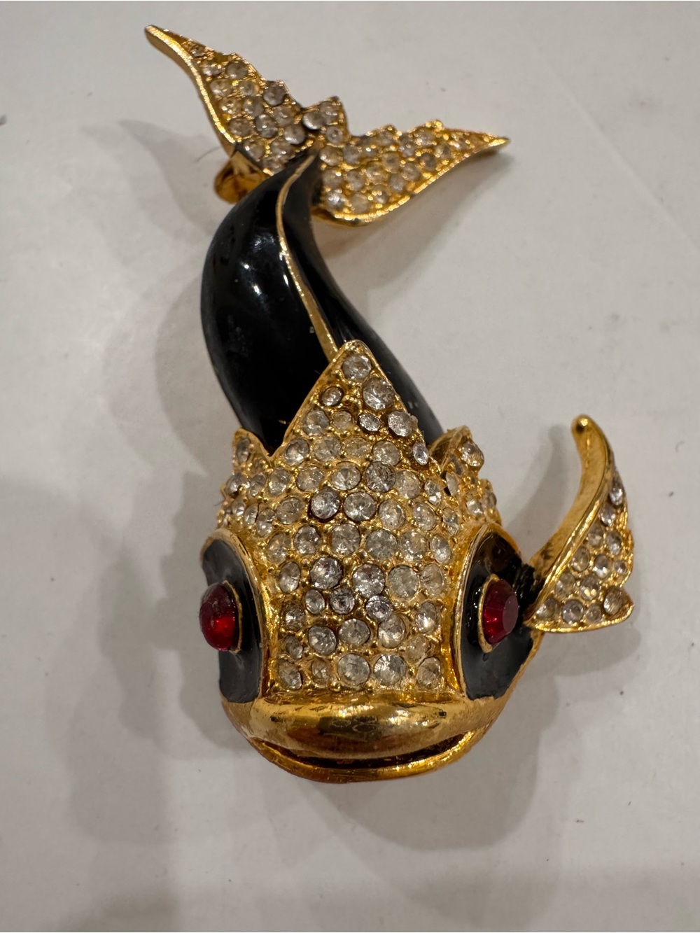Vintage Koi Fish Brooch Black enamel fish 1980s Gold tone